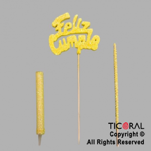 ADORNO DE TORTA SET FELIZ CUMPLE CON BENGALA Y VELA GIBRE AMARILLO x 1